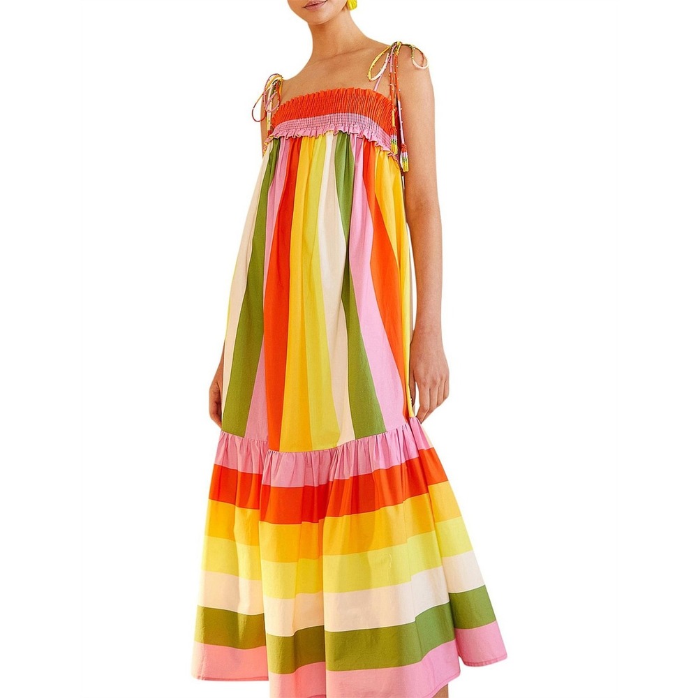 Farm Rio MIXED Multicolored Stripe Smocked  MIDI DRESS Size Medium New with tags - Picture 2 of 10
